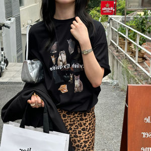 Retro Mid-Length Casual Cotton T-Shirt Womens Cat Letter Print Short Sleeve Summer New Style Korean Loose Fit round Neck