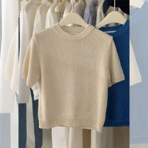 PAIBOLI | Milk Beige Short Sleeve Knit Breathable Elegant Top