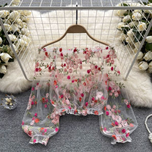 Loose Fit Embroidered Lace Shirt Women Summer Bubble Sleeve Short Cover up Long Sleeve Mesh See through One Shoulder Top