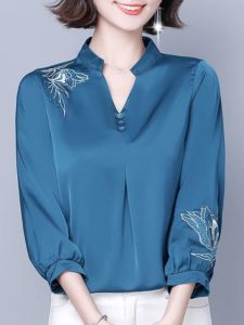 Hangzhou Heavy Weight Silk Shirt Womens Spring & Fall Ladieswear Plus Size Embroidered Shirt Half Sleeve Top Clothes 3/4 Sleeve Shirt