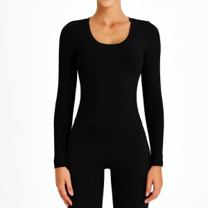 เสื้อโยคะแขนยาวทรงเข้ารูปเอวสูงเอวสูง Athoasis ผ้าไนลอน ดูดซับเหงื่อ ระบายอากาศได้ดี อบอุ่น ยืดหยุ่นสูง สำหรับผู้หญิง