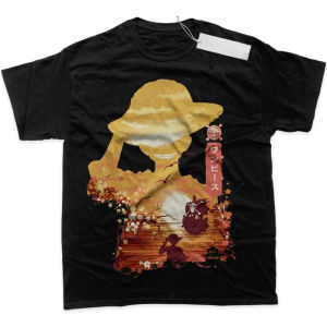 Bandai | Mens T Shirt Mens Sports T Shirt Mens Short Sleeve T Shirt Anime One Piece Luffy Waving Straw Hat Ship Sunrise Pattern