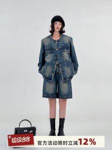 Wutong Blue Washed round Neck Denim Jacket Womens Spring 2024 Loose American Style New Arrival Casual Comfortable Coat