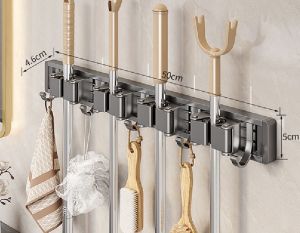 Aluminum Bathroom Mop Holder with hook Wall Mounted Self Adhesive