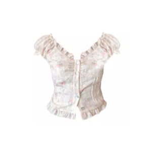 YUEZHONGWEI | เสื้อเชิ้ตแขนสั้นคอวีสไตล์ฝรั่งเศสสำหรับผู้หญิงในช่วงฤดูร้อน เสื้อแขนพองลายดอกไม้เข้ารูป เสื้อผ้าทำงานสไตล์เกาหลี