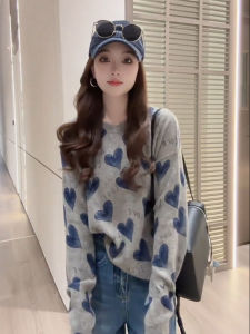 เสื้อคาร์ดิแกนถักทรงหลวมสไตล์เกาหลีคอตั้งลายหัวใจสำหรับผู้หญิง ฤดูใบไม้ร่วง 2025 เสื้อสเวตเตอร์แฟชั่นอเนกประสงค์