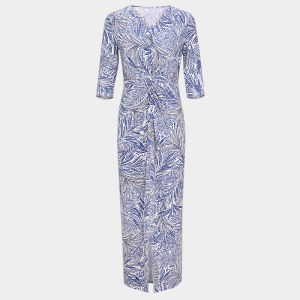 MY TENO | Summer New Blue Floral Print Dress Knot Waist Slim Long French Style Womens Elegant Polyester Spandex Blend V Neck Sleeveless