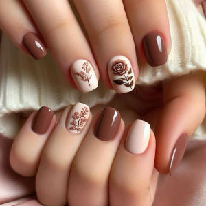 Short Medium fake nail for women brown coffee colors matte grid or glossy flowers design full cover reusable press on false nail