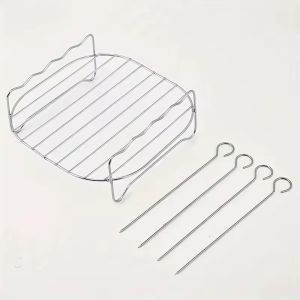 20cm/7.87in Air Fryer Square Grill Stainless Steel with 4 Barbecue Skewers Grill Air Fryer Accessories Cooking Rack Kitchen