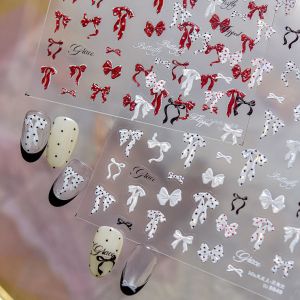 Grace Red White Bowknot Bow Tie Black White Polka Dot Ribbon Lavish Pearl Chain Shiny Adhesive Nail Art Stickers Manicure Decals