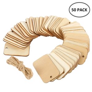 50Pcs Unfinished Nature Wood Slice Gift Tags Blank Wooden Hanging Label With Rope for Wedding Party Christmas Decor DIY Crafts