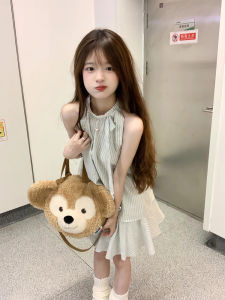 Summer Sweet School Style Set Hanging Neck Sleeveless Striped Top Halter Vest High Waist Mini Skirt Women Two Piece Set