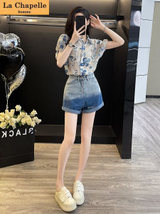La Chapelle Bubble Sleeve Shirt And Denim Shorts Casual Sporty Two-Piece Set Fashionable And Stylish Womens Clothing