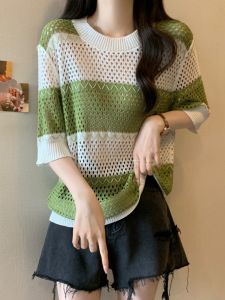 Ice Silk Knitted Mid-Sleeve T-Shirt Womens Summer plus Size Slimming Design Hollow out Sun Protection Cover up Top