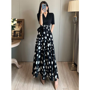Ice Silk Polka Dot Mesh Splice Dress Womens Spring Summer New Waist Slimming Fake Two-Piece Long Skirt Korean Style V-neck A-line
