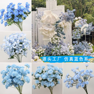 Blue Theme Wedding Hall Decoration Silk Flowers Rose Orchid Rose Honeysuckle Artificial Flowers Snowy Mist Table Centerpieces