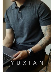 YUXIAN Pure Cotton Knitted Polo Shirt Basic Commute Short Sleeve T-Shirt Retro Light Maturity American Style Youth Leisure