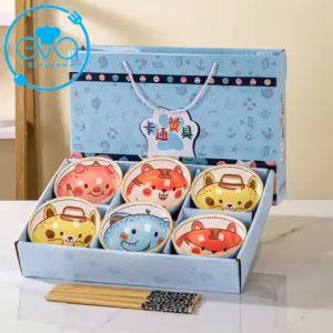 Bộ 6 Chén Sứ Hoạ Tiết Hoạt Hình Thú Cưng Cute Phong Cách Nhật Tặng Kèm 6 Đôi Đũa Tre Cao Cấp