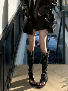 Black High-Top Rivet Toe-Mounted Sandals Boots Womens Summer New Street Fashion High Tube Pants Boot Long Boot