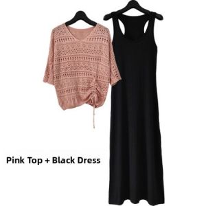Summer 2025 Womens Hollow out Knitted Batwing Top Thin Drawstring Dress Two Piece Set Korean Style Loose Fit V Neck mid Length