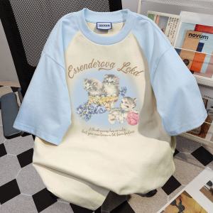 เสื้อยืดคอกลมแขนสั้นผ้าฝ้ายแท้พิมพ์ลายสไตล์อเมริกันสำหรับผู้หญิงในฤดูร้อน เสื้อเชิ้ตคู่รักที่น่ารักและเป็นเอกลักษณ์