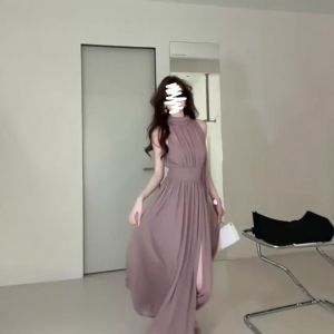 VKSOD | ชุดเดรสยาวคอวีสีม่วงสไตล์ฝรั่งเศส กระโปรงทรงเอเอวสูง แขนกุด สำหรับผู้หญิง ฤดูร้อน 2025 ชุดเดรสยาวทรงเอเอวสูง