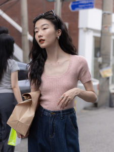 Pink Short Sleeve Knitted Sweater Womens Autumn Winter Slim Fit Base Layer Top Korean Style Commute Fashion Mixd Brand