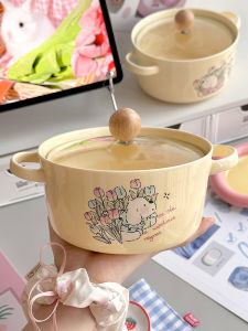 Tulip Garden Ceramic Instant Noodle Bowl with Lid Large Capacity for Student Dormitory Instant Noodles River Snail Rice Noodle Binaural Soup Bowl