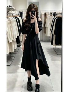 LIRUSHAN | Hepburn Style Black Slimming Irregular Hem Off-Shoulder Strap Dress