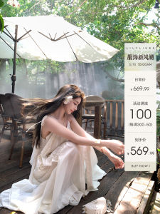 ชุดเดรสยาวคอวีแขนกุดผ้าคอตตอนลิ้นจี่สไตล์วันหยุดสำหรับฤดูใบไม้ผลิและฤดูใบไม้ร่วง ชุดเดรสผู้หญิงสีขาวแบบลำลอง