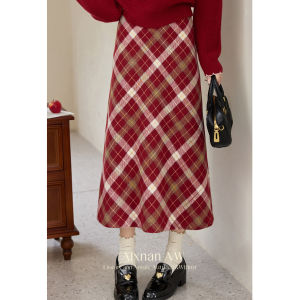 Red Vintage Style Half-length Tweed Skirt Womens Winter Plaid Skirts A-Line Midi Skirt Natural Waist Regular Thickness