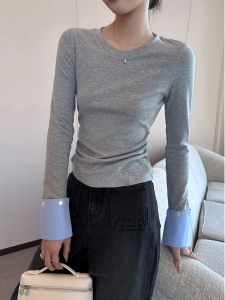 Áo Thun Nữ Tay Dài Cổ Tròn Màu Xám Mới Mùa Thu 2025 Thiết Kế Đơn Giản Ôm Eo Áo Thun Nữ Phong Cách Thường Ngày Tay Dài Cổ Tròn