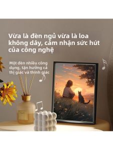 FENGHONGTAO | Audio Wall Art Cat and Girl Theme with Light Decorative Painted Picture Aluminum Frame