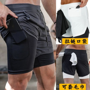 Mens Running Shorts Professional Marathon Athletic Three-quarter Length Quick Dry Inner Lined Sports Pants Fake Two-Piece Mobile Phone Pocket