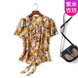 Floral Print Short Sleeve Shirt Womens Summer Fashionable Chiffon Blouse Elegant Ladylike Straight Cut Commute Style Polyester Fiber