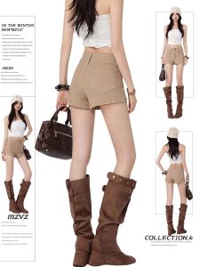 MZVZ | American Style Khaki Double Button High Waist A-Line Short Pants
