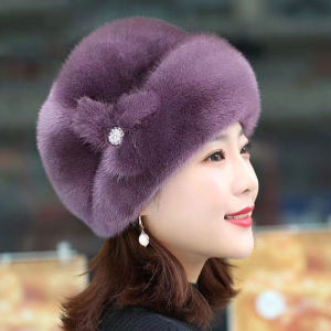 Fashionable Otter Fur Hat Womens Winter Thickened Ear Protection Mom Style Fake Fur Muffler Cap Warm round Top No Brim Hat