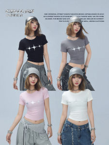 เสื้อยืดแขนสั้นทรงเข้ารูปสไตล์สตรีทสำหรับฤดูร้อน CBXLAB แฟชั่นฮิปฮอป เสื้อผ้าทำงาน ลายดาวและคลื่นทะเล กระโปรงสั้น ทรงเข้ารูป เสื้อผ้าทำงาน