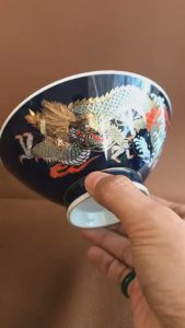 [Hàng Rất Hiếm Japan] 01 Chiếc Tô/ Bát To Hoạ Rồng Nền Xanh Coban Vẽ Tay Thết Vàng