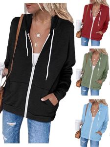 Organic Cotton Hooded Sweatshirt with Pocket Drawstring Zipper for Women Street Style Long Sleeve Regular Thickness Winter