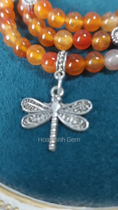 Vòng tay đá Mã Não cam vân rạn size hạt 6.3 li đeo kiểu quấn 3 vòng tay phối charm chuồn chuồn/hoa mai xinh xắn cho mệnh Hỏa Thổ | Hoa Minh Gem