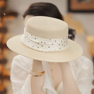 French Polka Dot Flat Top Straw Hat Women Summer Beach Vacation Outing Sun Protection Hat Fashionable Wide Brim Elegant Hat