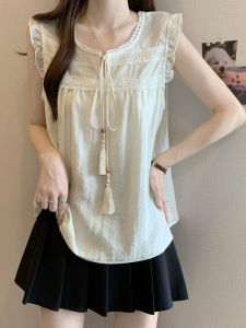 Áo Sơ Mi Nữ Tay Lỡ Kiểu Pháp Mùa Hè 2025 Thiết Kế Mới Không Tay Áo Búp Bê Che Bụng Áo Sơ Mi Cổ Tròn Dài Thường