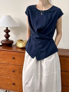 Cotton Linen Blouse for Women with Short Sleeves and Asymmetrical Crossbody Button Up Mid to Long Length Pure Color Work Clothing