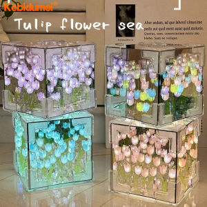(local delivery) Kebidumei 20PCS Tulip Night Light Handmade DIY Material Cube Tulip Mirror Bedroom Decor Atmosphere Lamp Valentines Day Birthday Gift