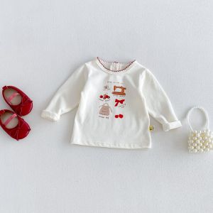 2026 Autumn 6M-5Y Baby Girls Tee Cute Cartoon Print Top Ruffle Neck Soft Layering Infant T-Shirt Versatile Toddler Daily Blouse