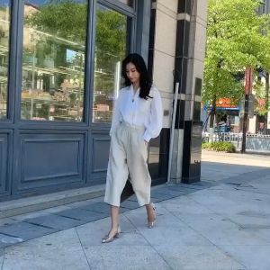 Summer womens fashionable high-end loose and slimming solid color straight tube simple and casual fashion versatile pure cotton wide leg capris