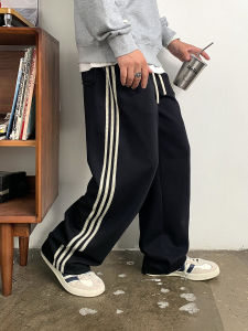 Casual American Spliced Stripe Mens Spring Autumn Loose Straight Leg Elastic Nine Points Long Pants Fashionable All-Match