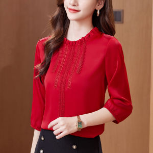 Ladies Summer Casual Shirt Loose Fit Chiffon Drapey round Neck Seven Sleeve Anti-Wrinkle Comfortable Top for Middle-Aged Women