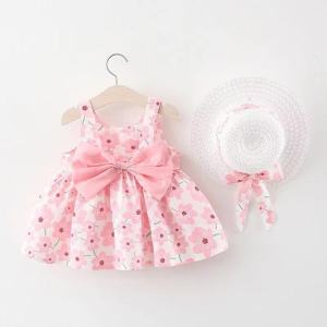 New girl floral dress sweet summer bow toddler beach dress for children aged 0 to 3 newborn clothing+hat set of 2 pieces